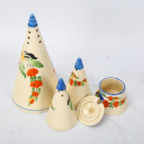 198 - Clarice Cliff Honeyglaze 3-piece conical-shaped cruet set and matching sugar shaker, sugar shaker he... 