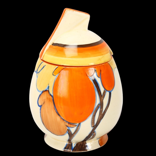 200 - Clarice Cliff Fantasque Bizarre Orange Autumn preserve pot and cover, 1931, height 12.5cm