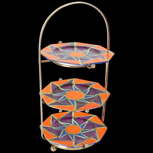 202 - Clarice Cliff Bizarre Exhibition piece 3-tier cake stand, 1929/30, with 3 octagonal hand painted geo... 