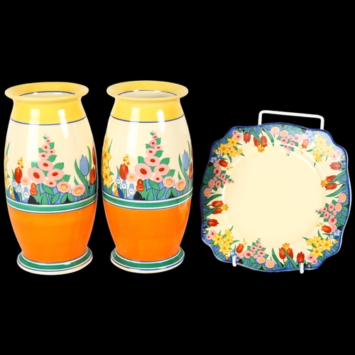 204 - Pair of Clarice Cliff, Chloris pattern vases, shape no. 264, height 20cm, and a Chloris pattern cake... 