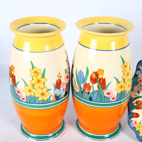 204 - Pair of Clarice Cliff, Chloris pattern vases, shape no. 264, height 20cm, and a Chloris pattern cake... 