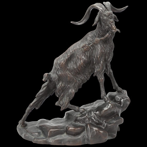 205 - Pierre-Jules Mene (1810 - 1879), mountain goat on rocky outcrop, patinated bronze sculpture, height ... 