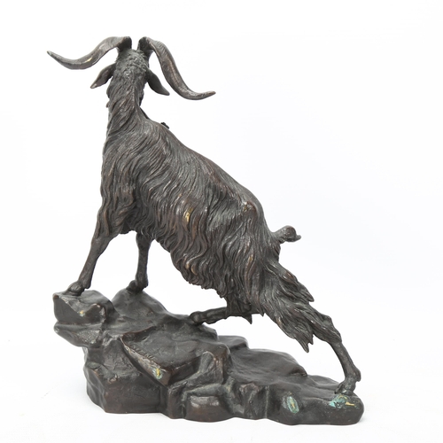 205 - Pierre-Jules Mene (1810 - 1879), mountain goat on rocky outcrop, patinated bronze sculpture, height ... 