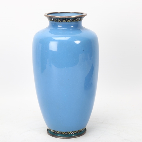 208 - Japanese Meiji Period silver wire cloisonne enamel vase, with fine floral decoration on pale blue gr... 