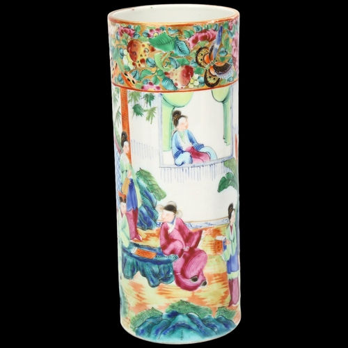 209 - 19th century Chinese Canton famille rose porcelain cylinder vase, with hand painted decoration, heig... 