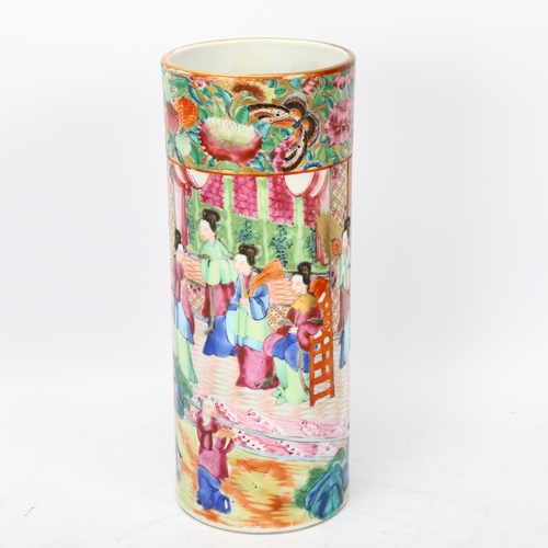 209 - 19th century Chinese Canton famille rose porcelain cylinder vase, with hand painted decoration, heig... 