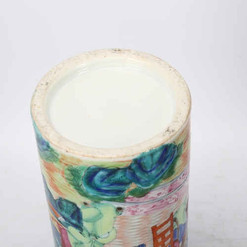 209 - 19th century Chinese Canton famille rose porcelain cylinder vase, with hand painted decoration, heig... 