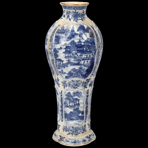 210 - 18th century Chinese blue and white export porcelain vase, with landscape decorated panels on mottle... 