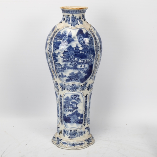 210 - 18th century Chinese blue and white export porcelain vase, with landscape decorated panels on mottle... 