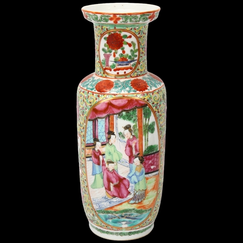 212 - 19th century Chinese Canton famille rose porcelain vase, hand painted and gilded interior scene pane... 