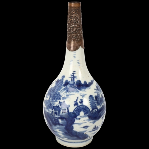 213 - 18th century Chinese blue and white porcelain onion-shaped vase, with dragon decorated unmarked silv... 