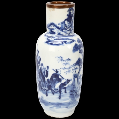 214 - 19th century Chinese blue and white porcelain vase, hand painted decoration with bronze rim and 4 ch... 