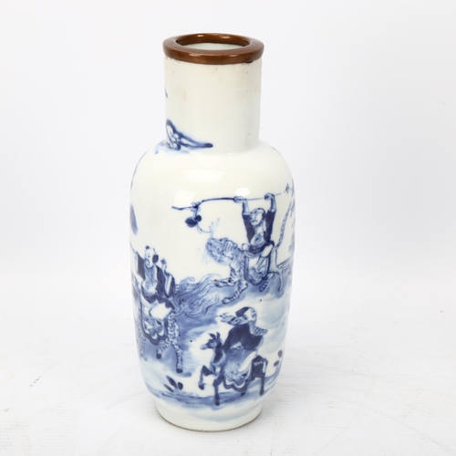 214 - 19th century Chinese blue and white porcelain vase, hand painted decoration with bronze rim and 4 ch... 