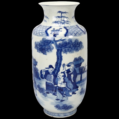 218 - A Chinese 19th century blue and white porcelain vase, hand painted figures in gardens, multiple text... 