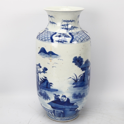 218 - A Chinese 19th century blue and white porcelain vase, hand painted figures in gardens, multiple text... 