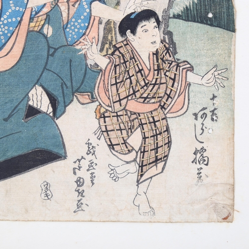 224 - 19th century Japanese colour woodblock print, woman and child, image 37cm x 25cm, mounted