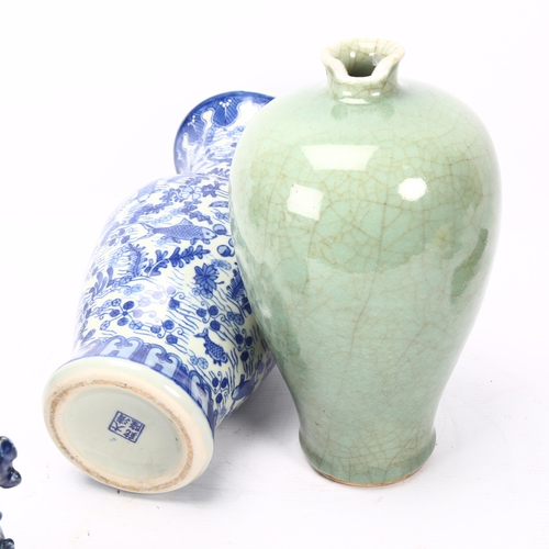 257 - A Chinese green crackle glaze vase, height 24cm (A/F), a Chinese blue and white carp design vase, an... 