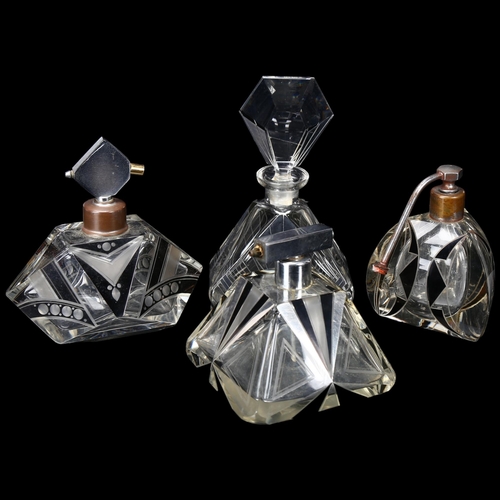 278 - 4 Art Deco glass perfume/atomiser scent bottles, with abstract black designs, largest bottle and sto... 