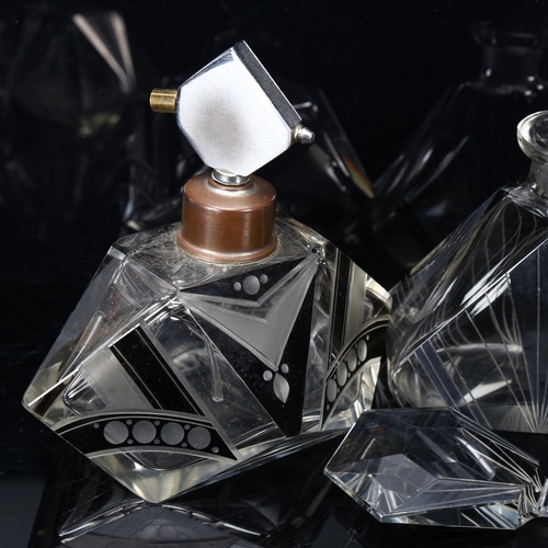 278 - 4 Art Deco glass perfume/atomiser scent bottles, with abstract black designs, largest bottle and sto... 