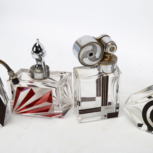 280 - A group of 6 Art Deco glass atomiser perfume bottles, with abstract designs attributed to Karl Palda... 