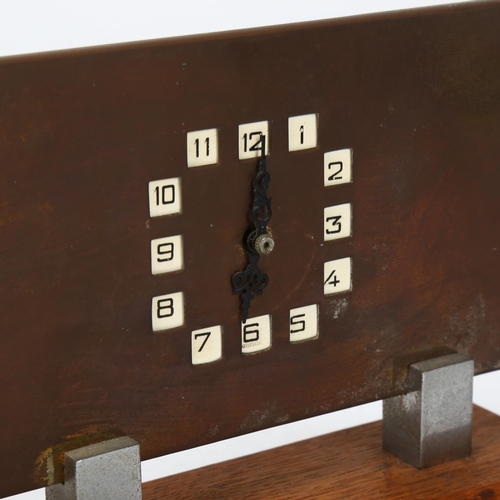 282 - Art Deco brass and chrome plate mantel clock on oak base, height 13cm, length 15cm