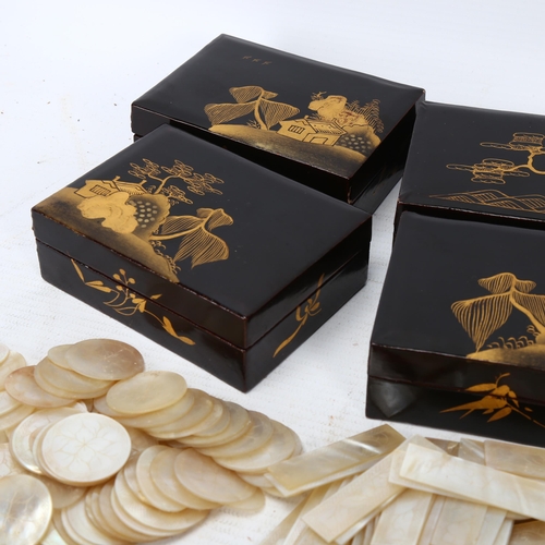 292 - 4 x 19th century Chinese gilded lacquer gaming boxes, containing a collection of mother-of-pearl gam... 