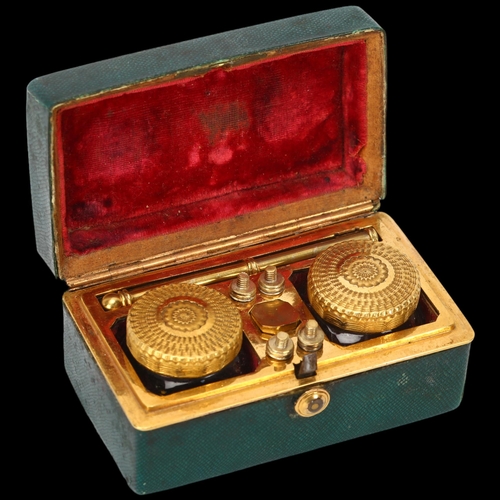 293 - An 18th century miniature green stained shagreen covered travelling inkwell, the original fitted int... 