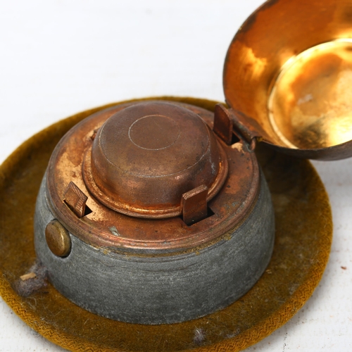 294 - A novelty German hat design travelling inkwell, brass and cloth edged, diameter 8cm