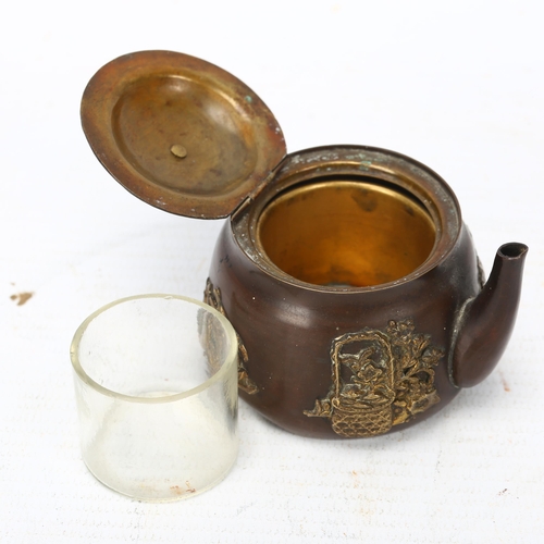 295 - A Japanese Meiji Period miniature teapot design inkwell, with applied gilt-metal mounts, height 5cm