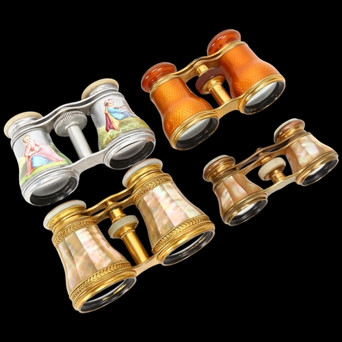 296 - 4 pairs of 19th/20th century opera glasses, including blonde tortoiseshell enamel and mother-of-pear... 