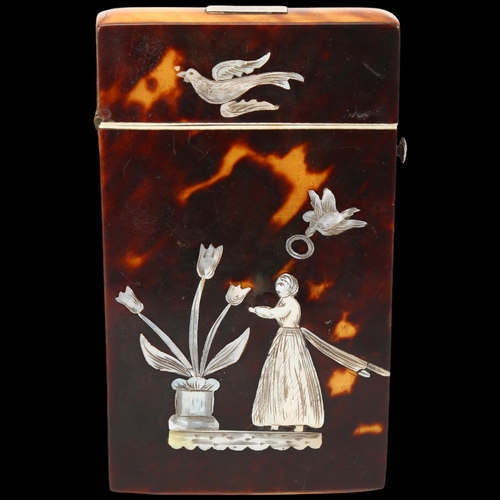 297 - A 19th century tortoiseshell and mother-of-pearl inlaid card case, 10cm x 6cm