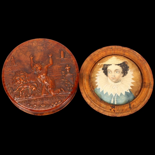 298 - A French early 19th century circular burr-wood snuffbox, pressed relief decorated lid inscribed 