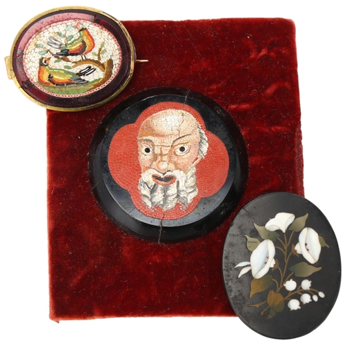 301 - 3 x 19th century Pietra Dura panels, comprising micro-mosaic portrait of a man, 4cm across, micro-mo... 