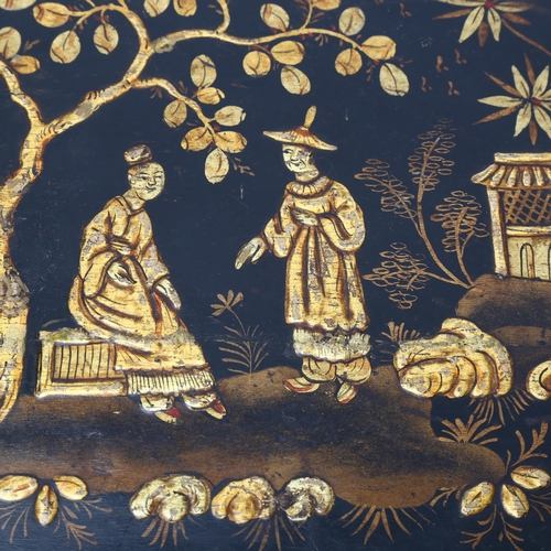 302 - An early 19th century gilded and lacquered face screen with relief chinoiserie scene, turned wood ha... 