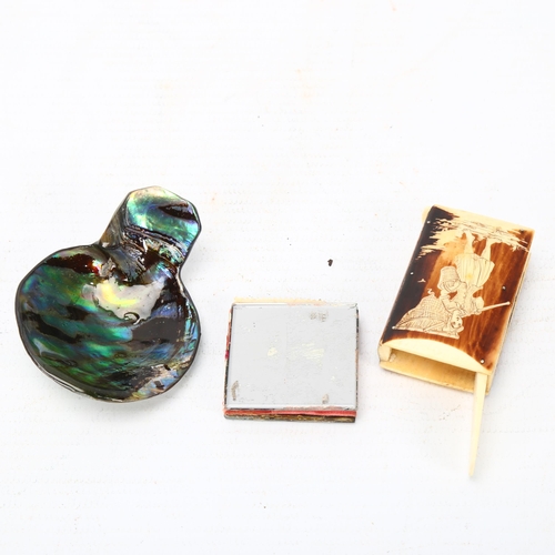 304 - An abalone shell caddy spoon, a horn/Bakelite Vesta case, and a reverse painted glass stamp case (3)