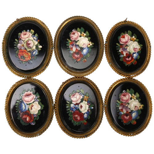 305 - A set of 6 x 19th century floral micro-mosaic plaques, on black glass ground, in oval gilt-metal mou... 