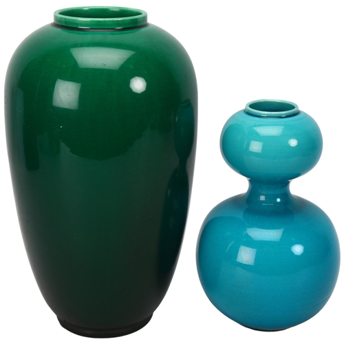 334 - Bermantoft's Pottery, jade green vase, height 22cm, and turquoise pottery double-gourd vase, height ... 