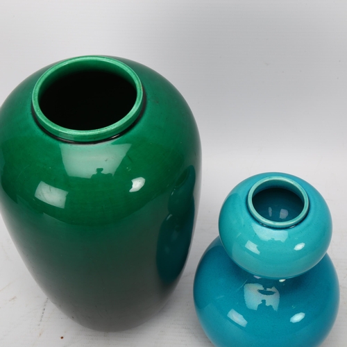 334 - Bermantoft's Pottery, jade green vase, height 22cm, and turquoise pottery double-gourd vase, height ... 