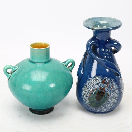 336 - DR CHRISTOPHER DRESSER for LINTHORPE POTTERY - turquoise glaze pottery vase with ring handles, patte... 