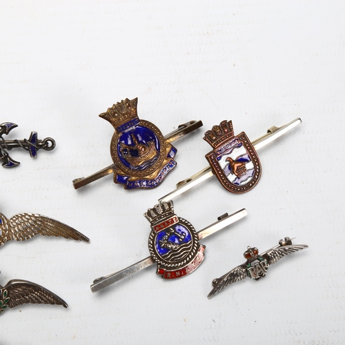 342 - 9 Royal Navy and Royal Air Force sweetheart brooches and a Naval Stick-pin, 7 marked Sterling or Sil... 