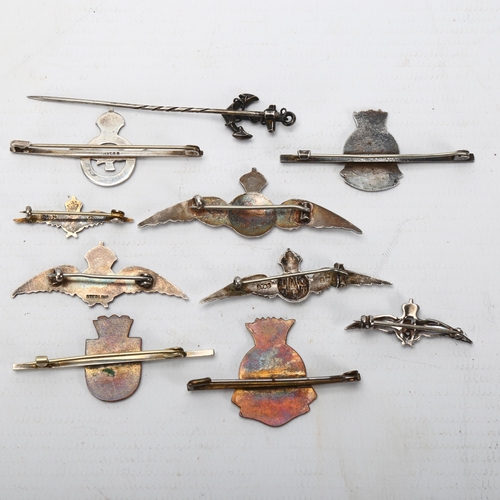 342 - 9 Royal Navy and Royal Air Force sweetheart brooches and a Naval Stick-pin, 7 marked Sterling or Sil... 