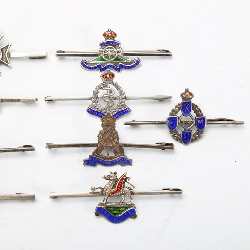 343 - 10 silver British military sweetheart bar brooches, all marked Sterling or Silver