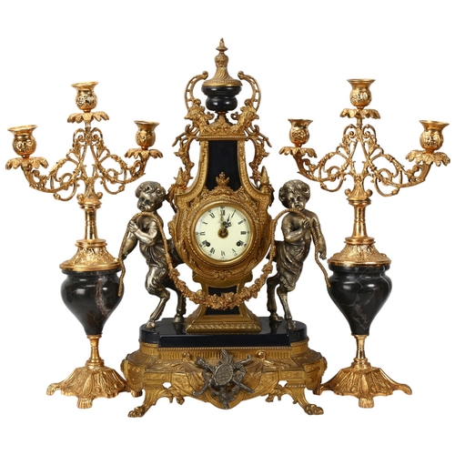 346 - An ornate Rococo style gilt-bronze cased 3-piece clock garniture, 8-day striking movement, clock hei... 