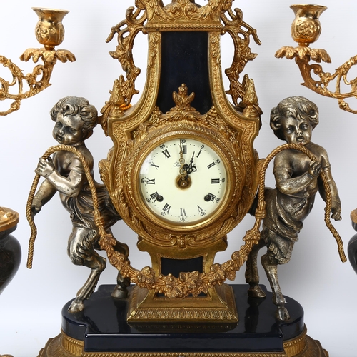 346 - An ornate Rococo style gilt-bronze cased 3-piece clock garniture, 8-day striking movement, clock hei... 