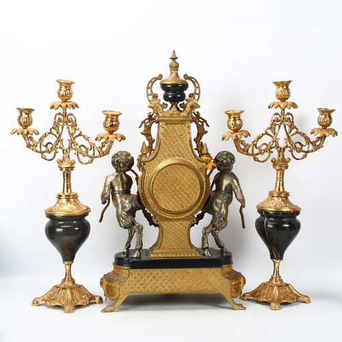 346 - An ornate Rococo style gilt-bronze cased 3-piece clock garniture, 8-day striking movement, clock hei... 