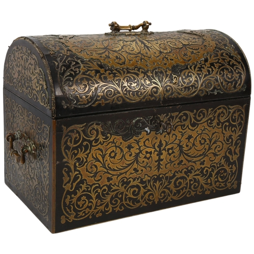 377 - A 19th century dome-top stationery box, mahogany with intricate brass marquetry inlay, and brass car... 