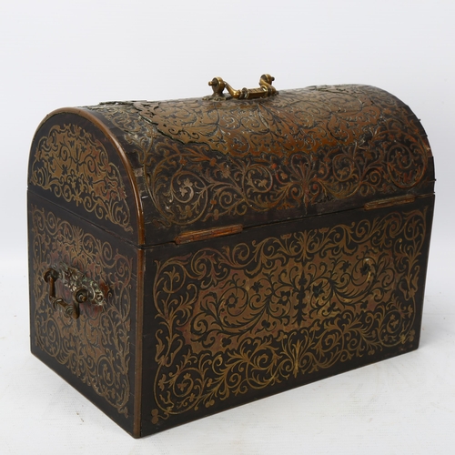 377 - A 19th century dome-top stationery box, mahogany with intricate brass marquetry inlay, and brass car... 