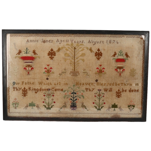 382 - Victorian needlework sampler, by Annie Jones aged 11 years August 1876, overall frame dimensions 43c... 