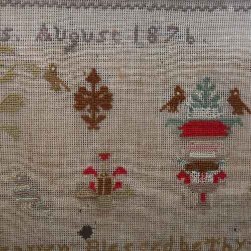 382 - Victorian needlework sampler, by Annie Jones aged 11 years August 1876, overall frame dimensions 43c... 