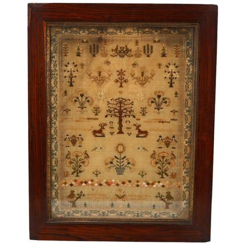 383 - A Regency needlework sampler, by Elizabeth Sumsby aged 14 years 1827, overall frame dimensions 52cm ... 